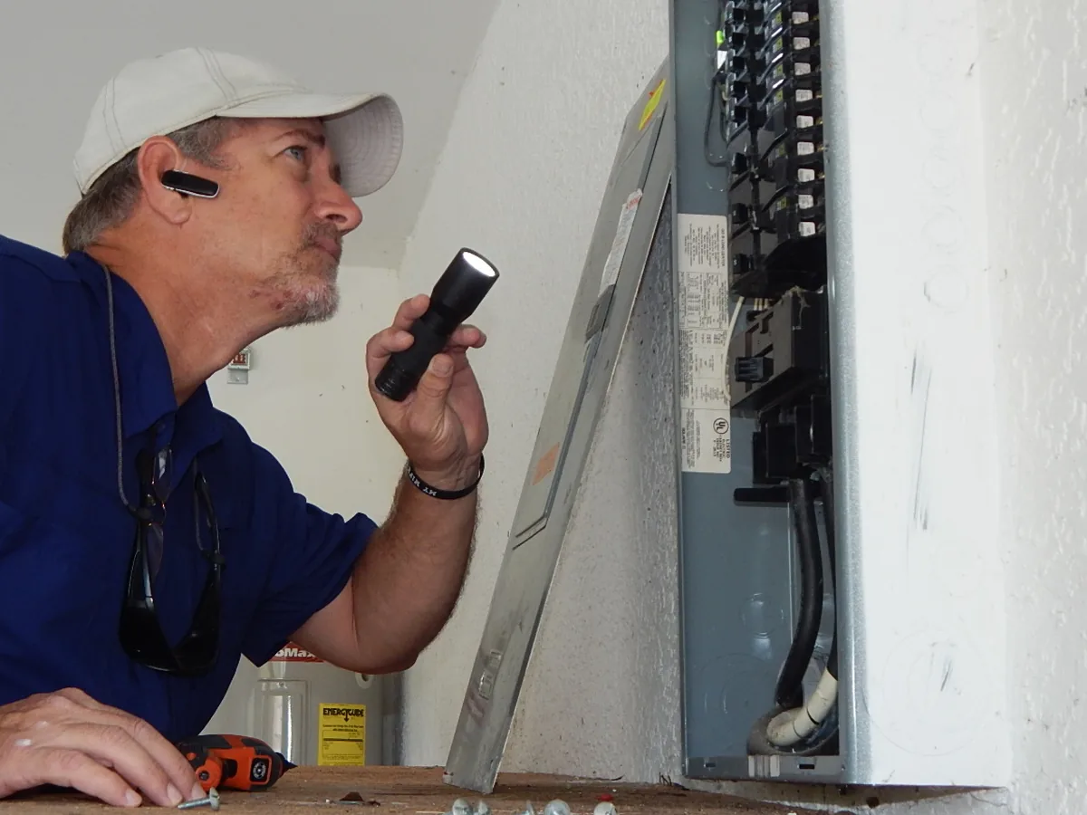 Troy Mallow inspecting an electrical panel with a flashlight